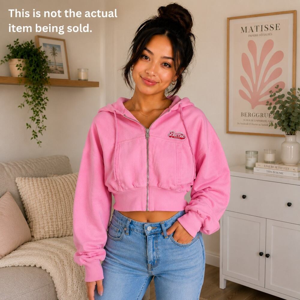 ZARA BARBIE THE MOVIE PINK SWEATSHIRT CROPPED FULL ZIP HOODIE SIZE M